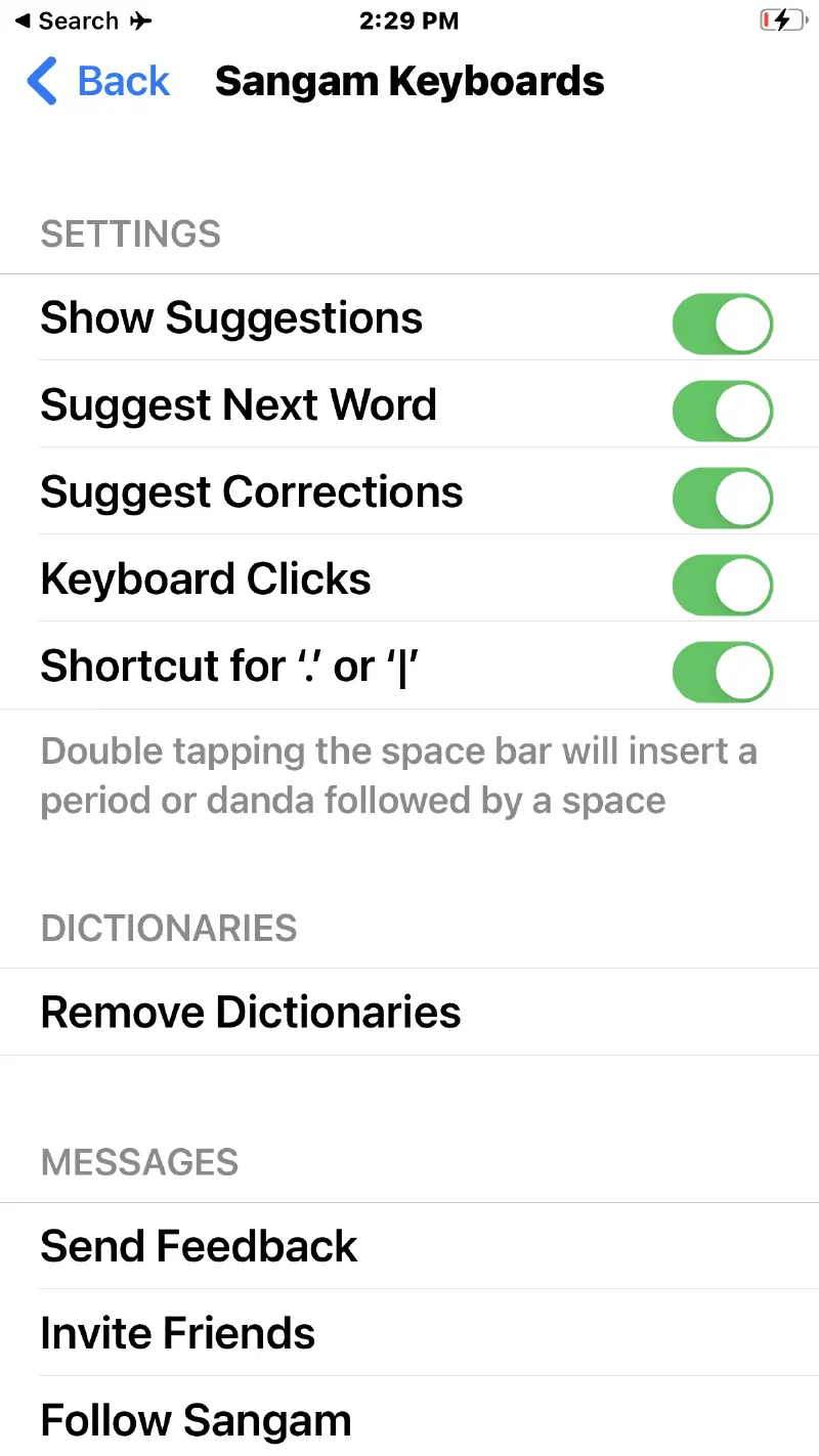 The app's Settings screen, with switches for Show Suggestions, Suggest Next Word, Suggest Corrections, Keyboard Clicks and a shortcut for the full stop.